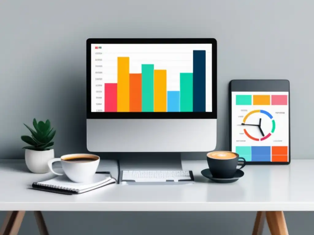 Espacio de trabajo minimalista del freelancer Espacio de trabajo minimalista con laptop, notas, café y gráfica de gastos