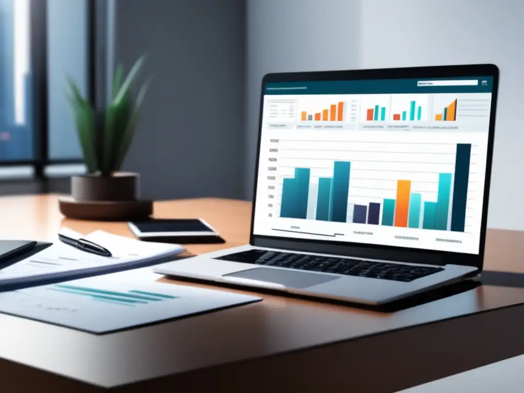 Espacio de trabajo organizado y profesional Espacio de trabajo organizado con laptop y contratos financieros para freelancers