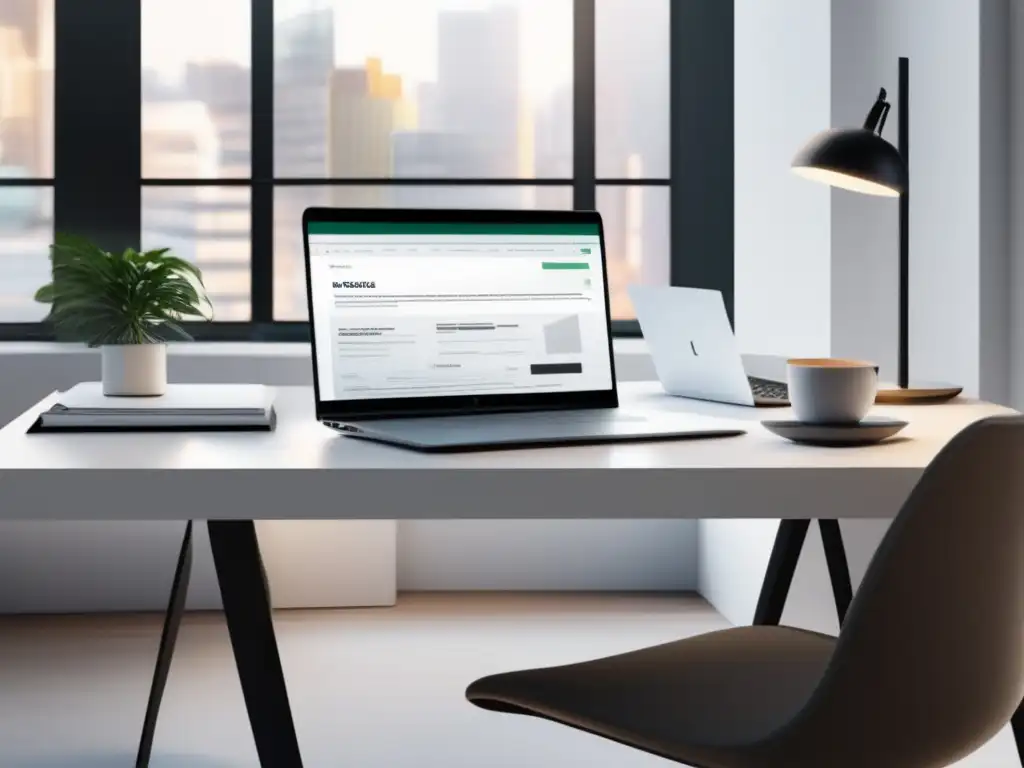Espacio de trabajo organizado con luz natural Espacio de trabajo minimalista con escritorio blanco, laptop moderna y documentos organizados