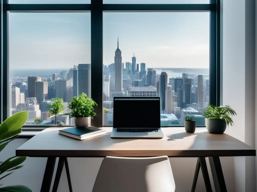Un espacio de trabajo minimalista con vista a la ciudad Espacio de trabajo minimalista con vista a la ciudad, técnicas de negociación para freelancers