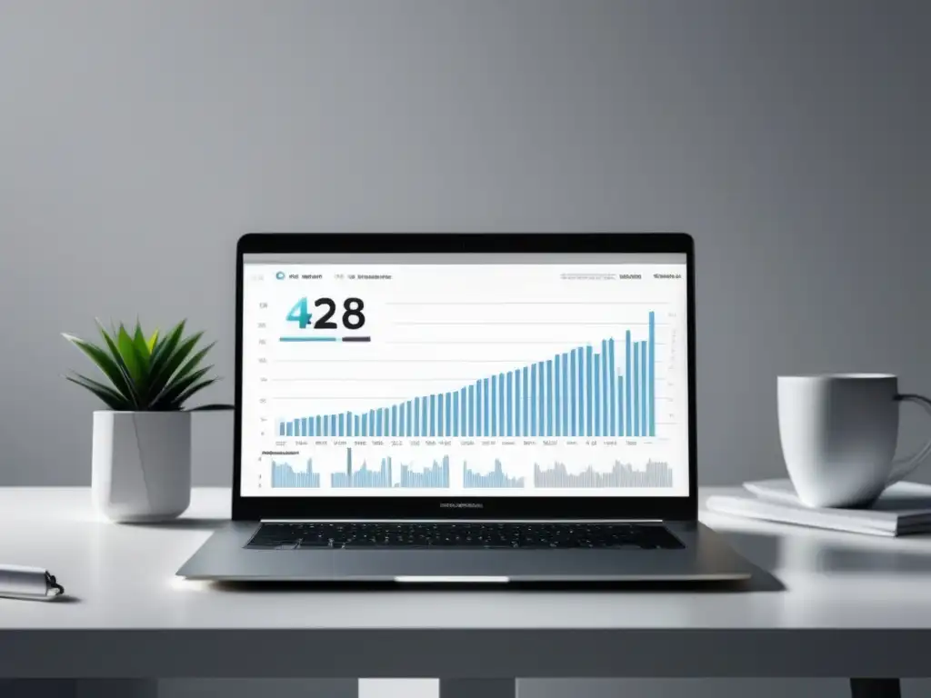 Espacio de trabajo minimalista con laptop y gráfico de crecimiento Espacio de trabajo minimalista con escritorio blanco y herramientas de inversión para freelancers