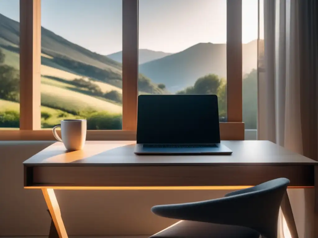 Espacio de trabajo minimalista con vista a paisaje natural Espacio de trabajo minimalista con escritorio de madera clara, ventana con vista a paisaje natural y elementos de trabajo
