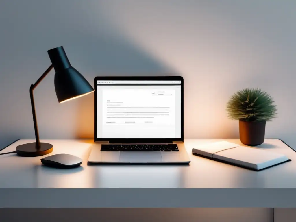 Espacio de trabajo minimalista: Calma y productividad Espacio de trabajo minimalista con escritorio blanco, laptop, bloc de notas y lápiz