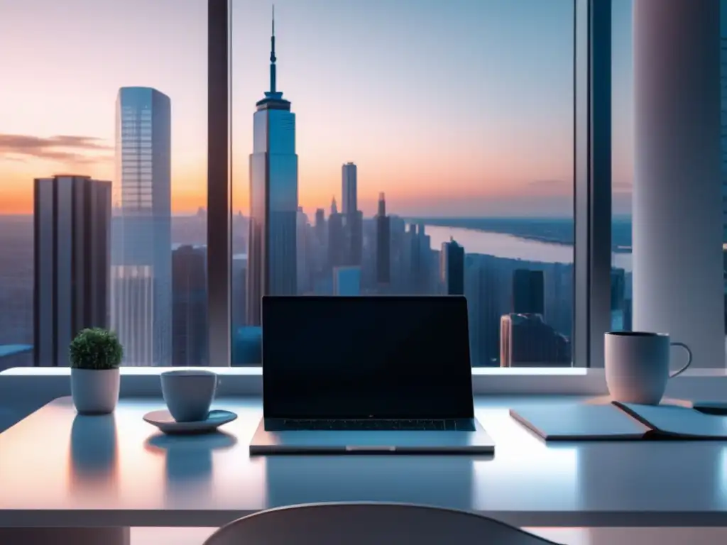 Espacio de trabajo minimalista y sereno Espacio de trabajo minimalista con vista a la ciudad: manejo de finanzas para freelancers durante períodos de baja demanda