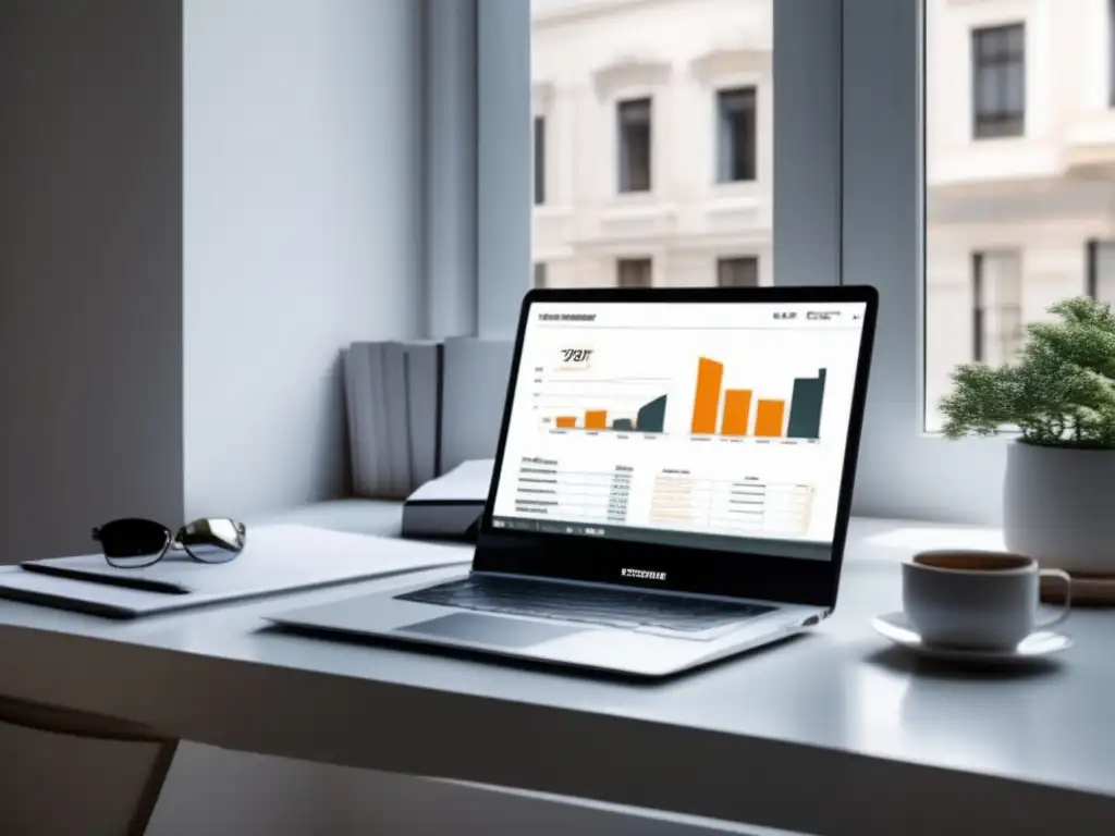 Espacio de trabajo minimalista y organizado Espacio de trabajo minimalista con escritorio blanco, laptop moderna y documentos financieros organizados