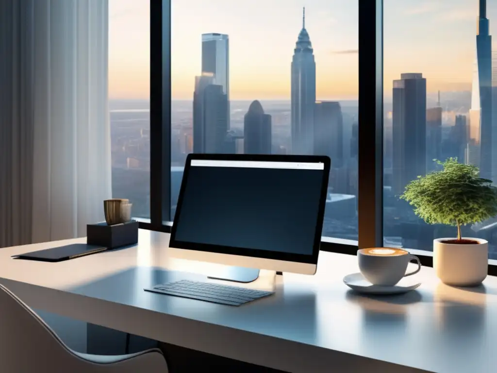 Espacio de trabajo minimalista con vista a la ciudad Espacio de trabajo minimalista con escritorio blanco junto a ventana con vista a la ciudad, laptop, cuaderno y café