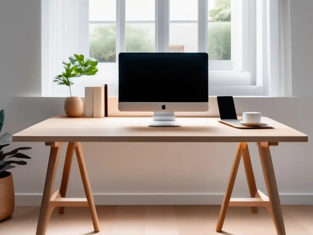 Espacio de trabajo minimalista Espacio de trabajo minimalista con escritorio de madera clara, limpio y organizado