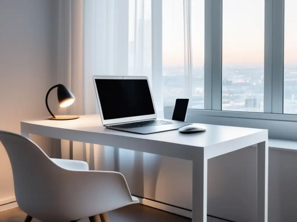 Espacio de trabajo minimalista con escritorio blanco y tecnología Espacio de trabajo minimalista con escritorio blanco, laptop plateada, teclado inalámbrico y mouse