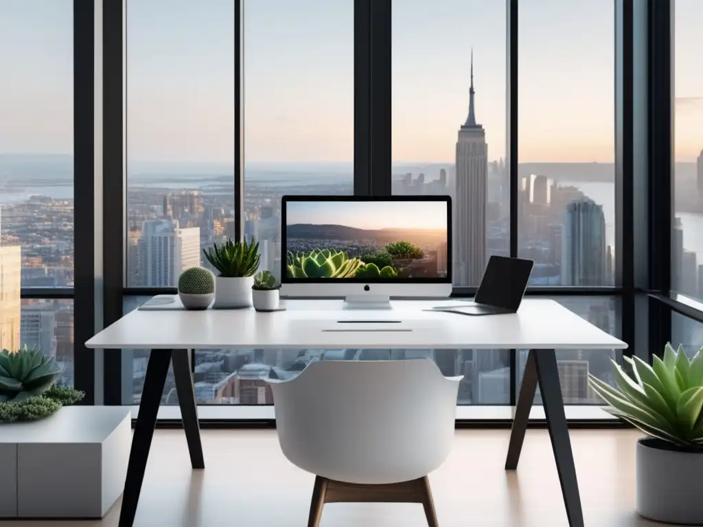 Espacio de trabajo minimalista con vista panorámica Espacio de trabajo minimalista con vista panorámica de la ciudad y estrategias de planificación financiera para freelancers