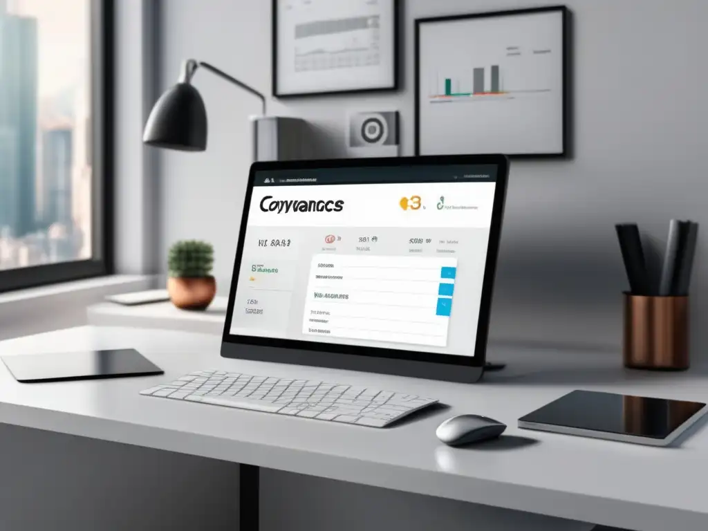 Espacio de trabajo minimalista con conversor de moneda Espacio de trabajo minimalista con escritorio blanco y monitor de alta resolución mostrando app de conversión de monedas para freelancers