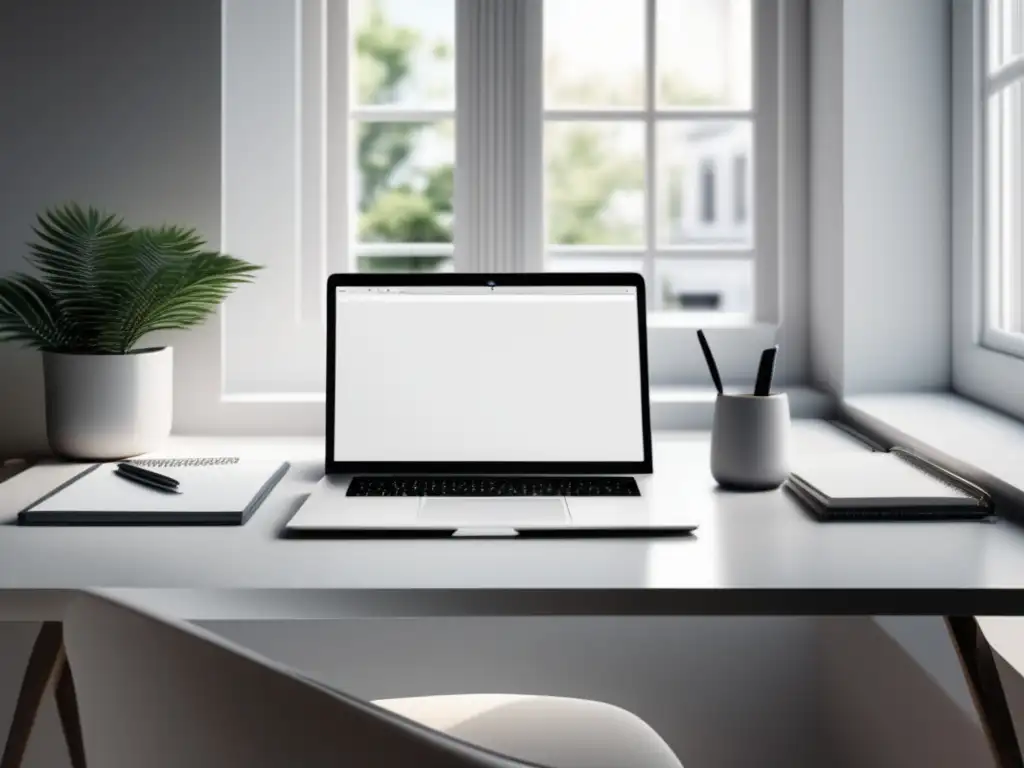 Minimalista y funcional - Espacio de trabajo con escritorio blanco y laptop Espacio de trabajo minimalista con escritorio blanco, laptop, organizador de bolígrafos y luz natural