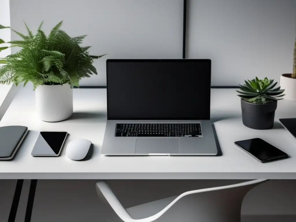 Espacio de trabajo minimalista con escritorio blanco Espacio de trabajo minimalista con escritorio blanco, laptop plateada, documentos organizados y luz natural