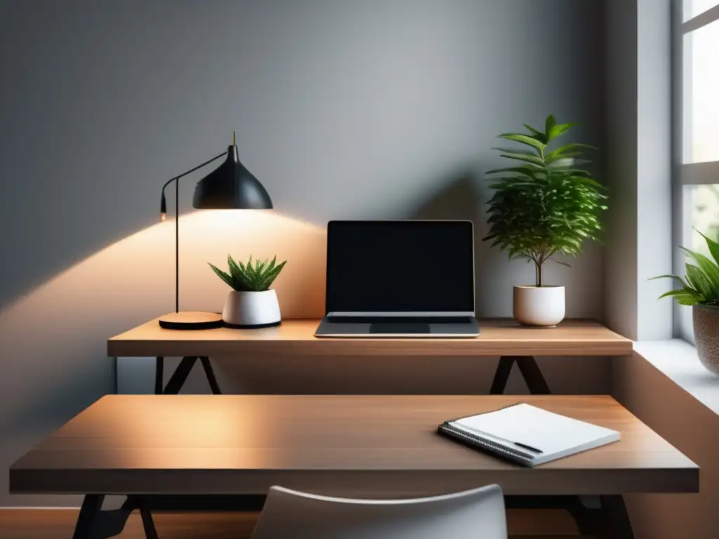 Espacio de trabajo minimalista con escritorio de madera pulida Espacio de trabajo minimalista con escritorio de madera pulida, laptop, notas y planta