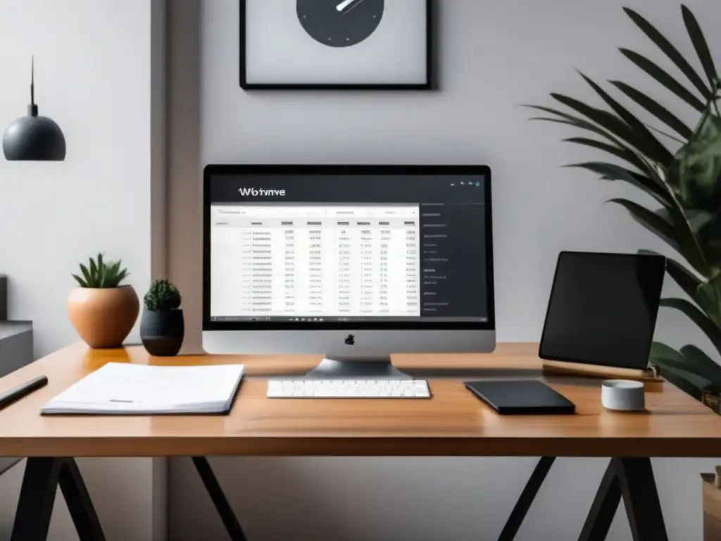 Espacio de trabajo minimalista con escritorio de madera pulida Espacio de trabajo minimalista: equilibrar finanzas personales y de negocio freelancer