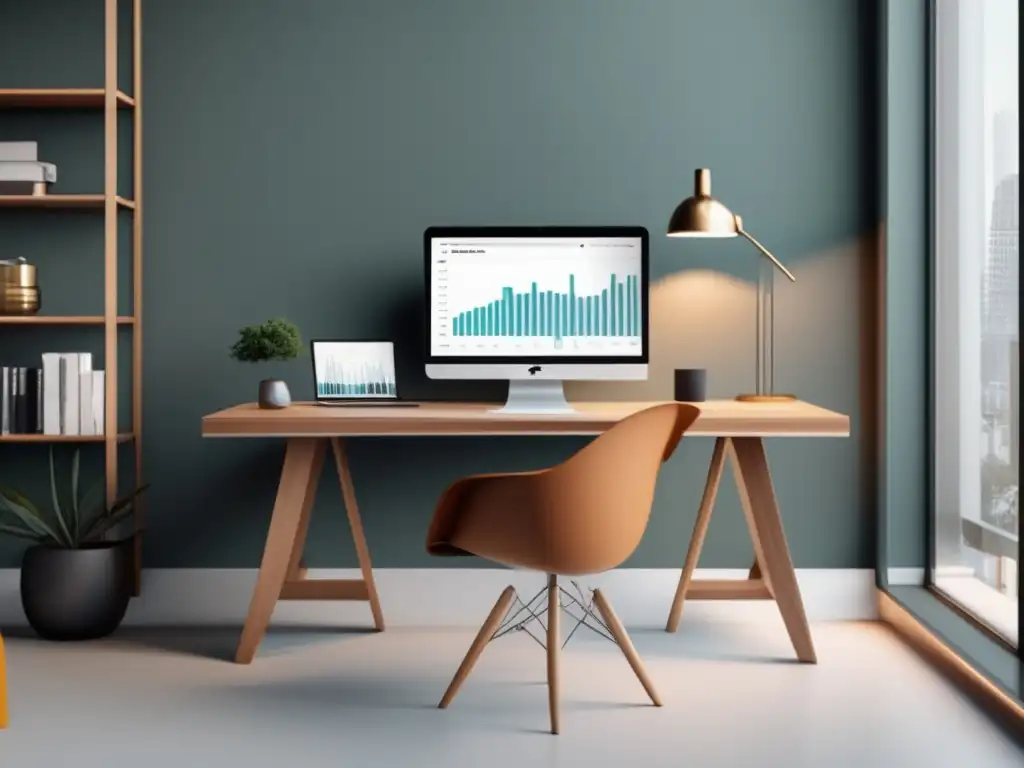 Espacio de trabajo minimalista con escritorio de madera pulida Espacio de trabajo minimalista con escritorio de madera pulida, laptop y vista panorámica de la ciudad