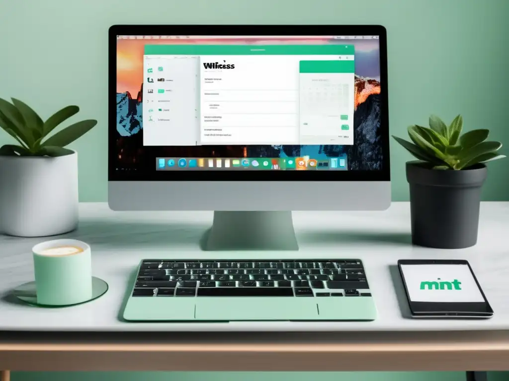 Espacio de trabajo minimalista con equipo financiero Espacio de trabajo minimalista con escritorio de mármol blanco, laptop plateada y documentos financieros