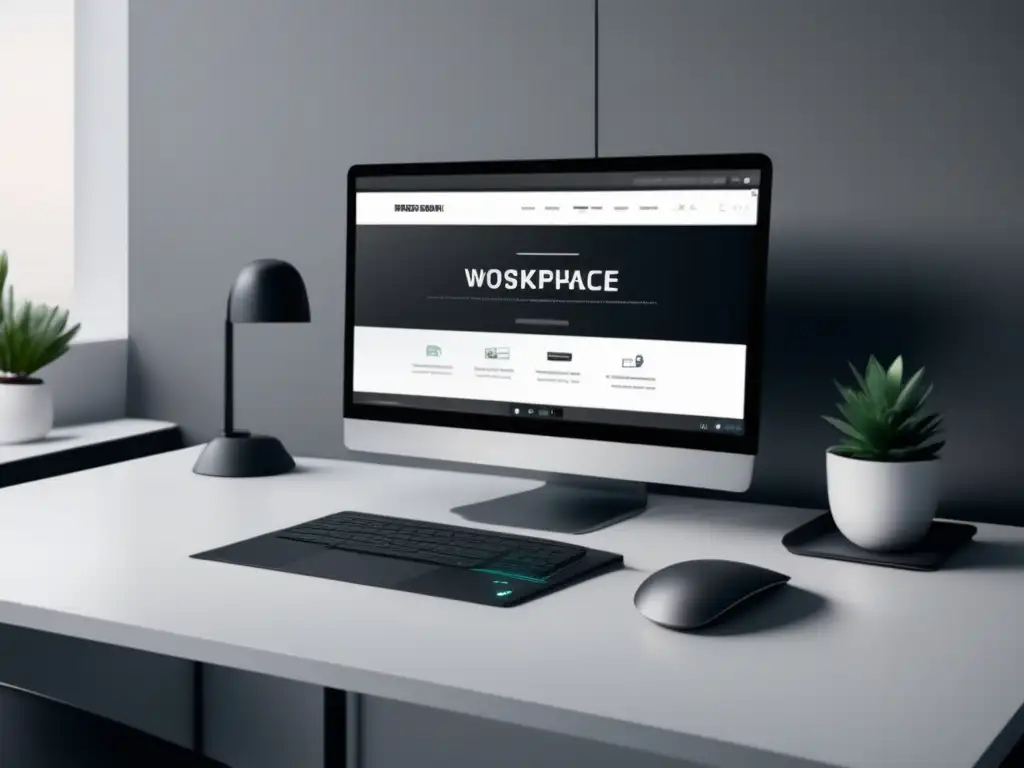 Espacio de trabajo minimalista eficiente con software de facturación Espacio de trabajo minimalista con escritorio de metal negro mate, laptop y software de facturación para freelancers