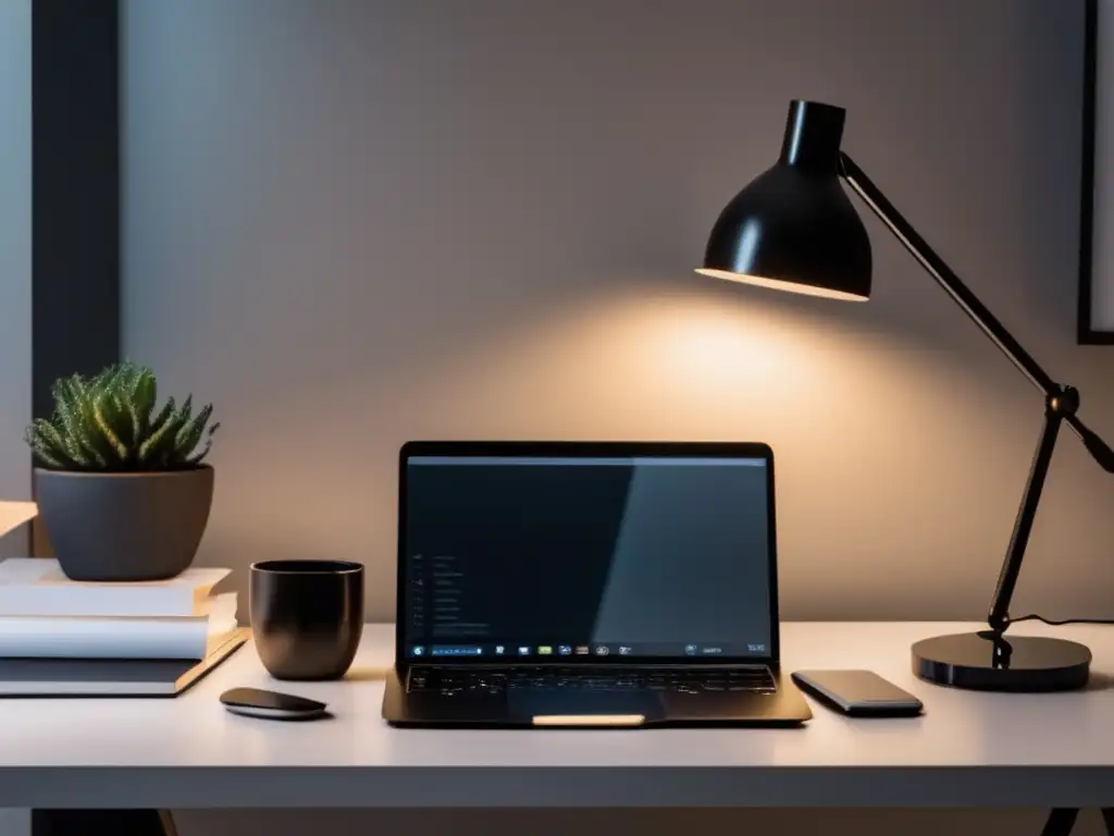 Espacio de trabajo minimalista con escritorio de vidrio negro Espacio de trabajo minimalista con mesa de vidrio negro y organización perfecta