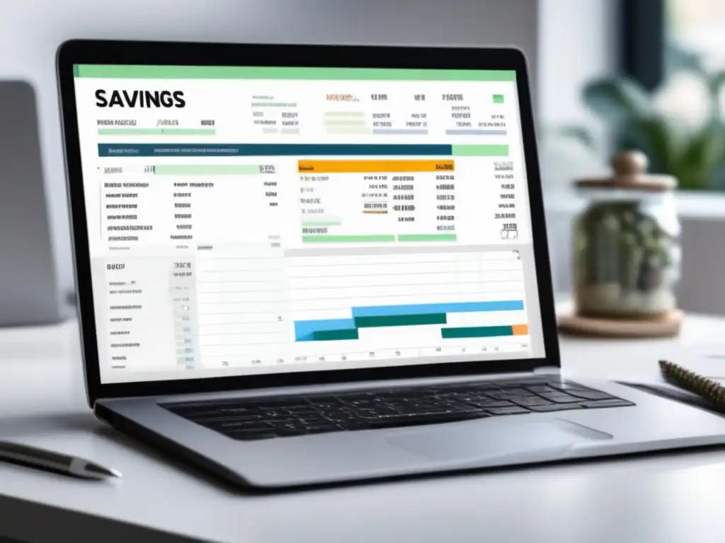 Espacio de trabajo minimalista con pantalla de laptop y plan financiero Espacio de trabajo minimalista con escritorio blanco y laptop mostrando una hoja de cálculo financiera