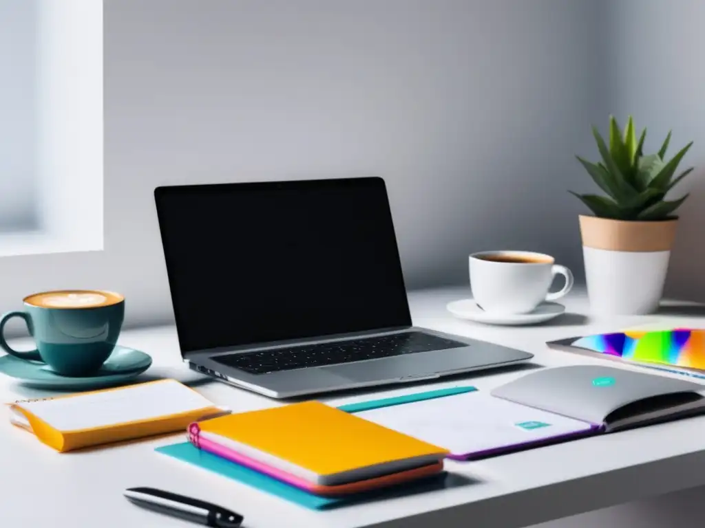 Espacio de trabajo minimalista Minimalista espacio de trabajo con escritorio blanco y ordenado, laptop, notas, marcadores y café