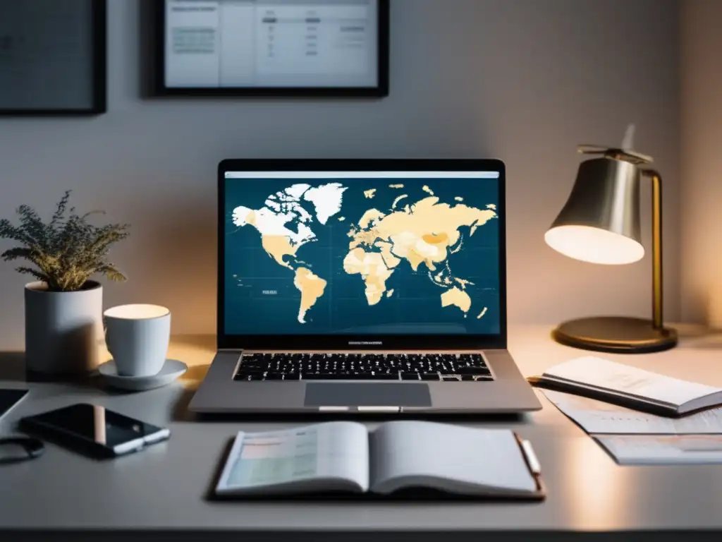 Espacio de trabajo minimalista con diversificación de ingresos Espacio de trabajo minimalista con laptop elegante, monedas y mapa mundial en pantalla
