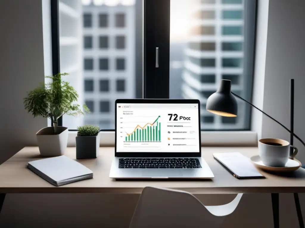 Espacio de trabajo minimalista con laptop y gráfico de ahorros Imagen de un espacio de trabajo minimalista con una mesa blanca elegante, una laptop moderna y elementos esenciales ordenados