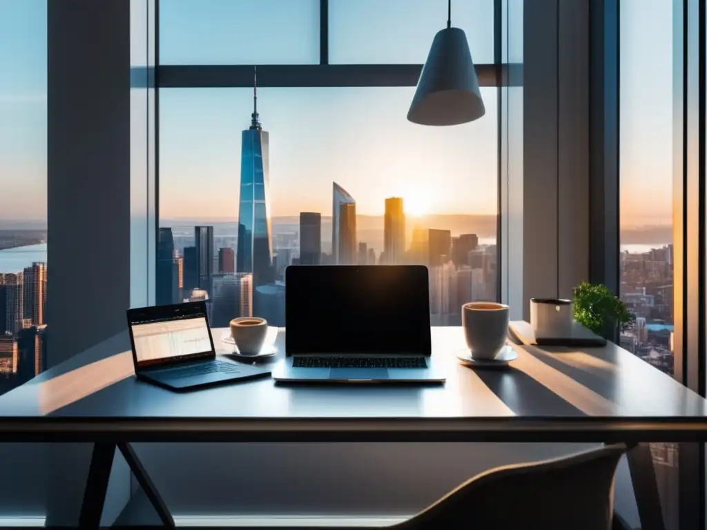 Espacio de trabajo minimalista con vista a la ciudad y gráficos de divisas Herramientas prácticas para expertos en cambio de divisas para freelancers