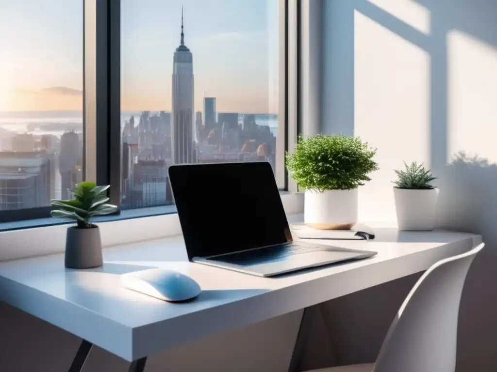 Espacio de trabajo minimalista con vista a la ciudad Espacio de trabajo minimalista con escritorio blanco y vista a la ciudad