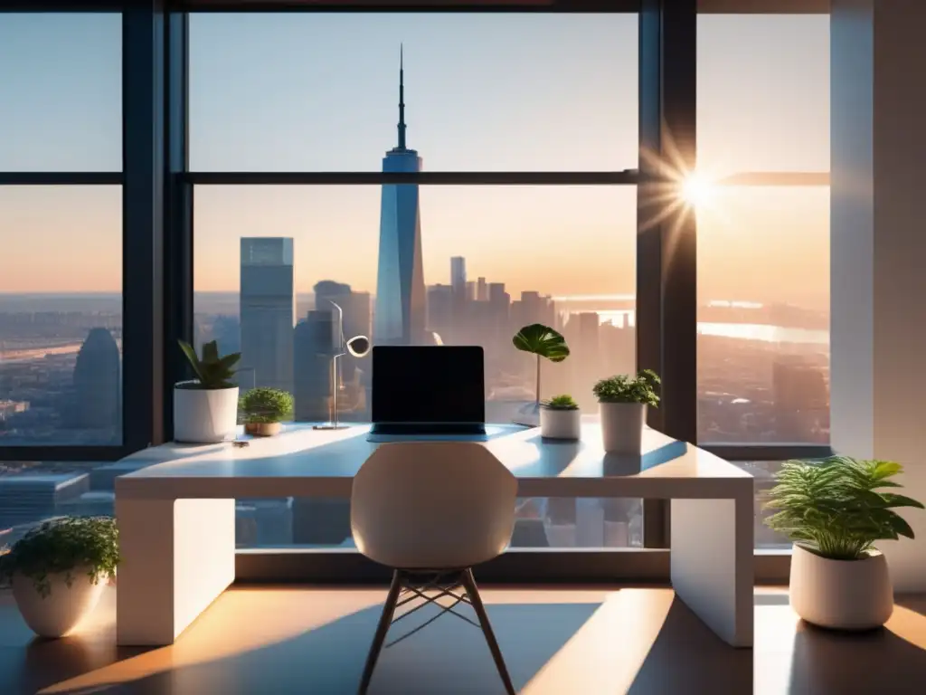 Espacio de trabajo minimalista con vista a la ciudad Espacio de trabajo minimalista con escritorio blanco y vista a la ciudad