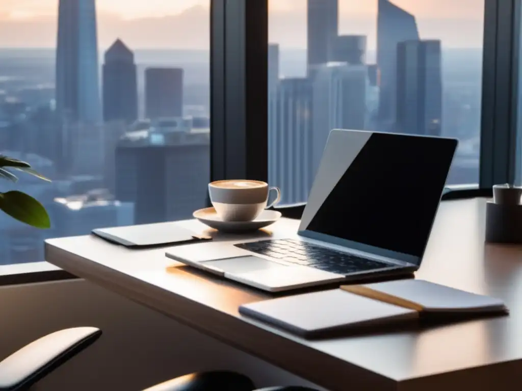 Espacio de trabajo minimalista con vista a la ciudad Espacio de trabajo minimalista con escritorio moderno y silla cerca de ventana