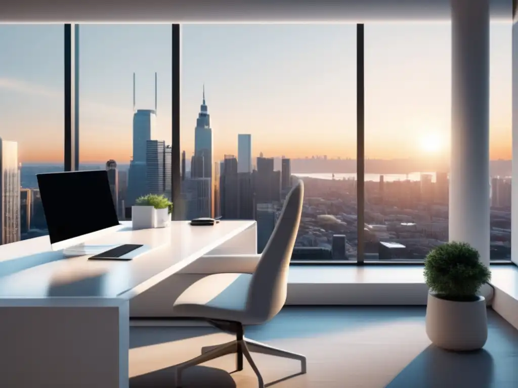 Espacio de trabajo minimalista con vista a la ciudad Espacio de trabajo minimalista con escritorio blanco y vista a la ciudad, simbolizando la planificación financiera para freelancers