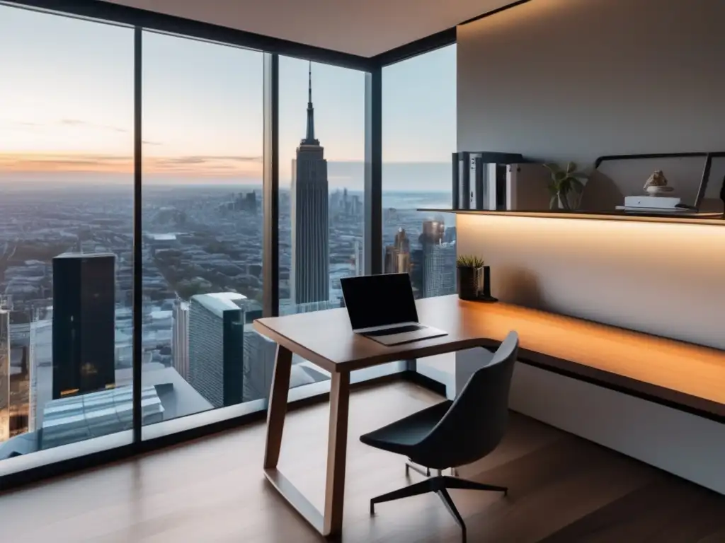 Espacio de trabajo minimalista con vista panorámica de la ciudad Espacio de trabajo minimalista con escritorio de madera pulida