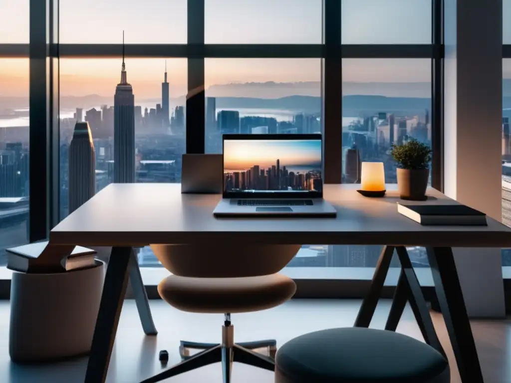 Espacio de trabajo minimalista con vista a la ciudad Espacio de trabajo minimalista con vista a la ciudad, escritorio moderno y libros de planificación financiera