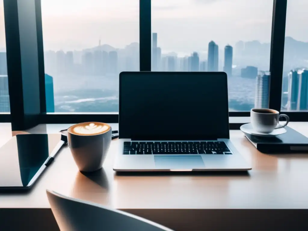 Espacio de trabajo minimalista en Asia Espacio de trabajo minimalista para freelancers en Asia, con vista panorámica de una ciudad bulliciosa