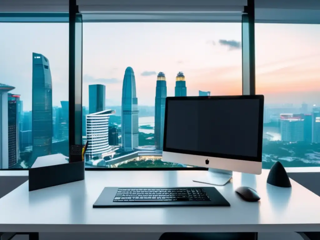 Espacio de trabajo minimalista y moderno con vista panorámica de Singapur Gestión financiera para freelancers en el mercado asiático con vista panorámica de Singapur