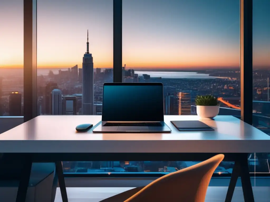 Espacio de trabajo minimalista frente a la ciudad al atardecer Espacio de trabajo minimalista con vista a la ciudad al atardecer: inspiración para ingresos pasivos en freelancers