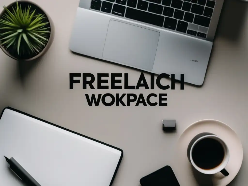 Espacio de trabajo minimalista para freelance Espacio de trabajo minimalista para freelancer, con laptop, cuaderno y lápiz