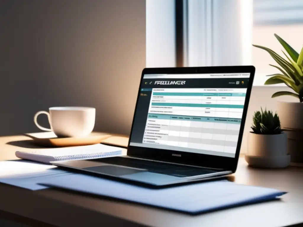 Espacio de trabajo minimalista Espacio de trabajo minimalista con laptop y estrategias financieras para freelancers en EEUU
