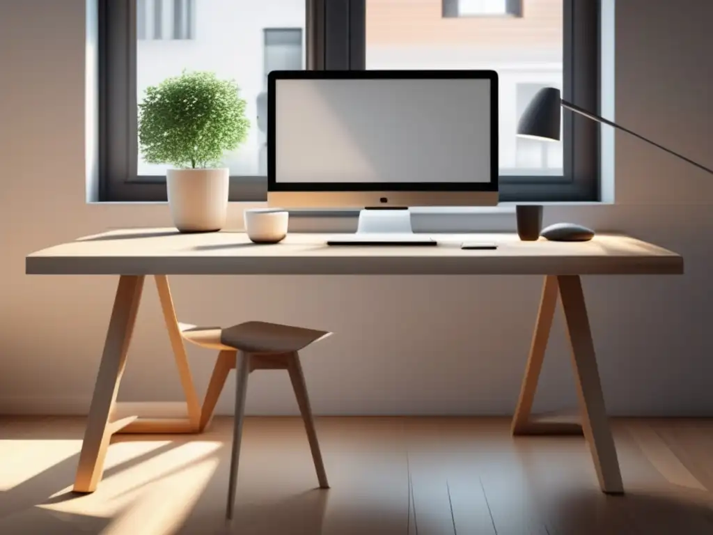 Espacio de trabajo minimalista para freelance Espacio de trabajo minimalista con escritorio de madera clara, laptop, planta y lámpara
