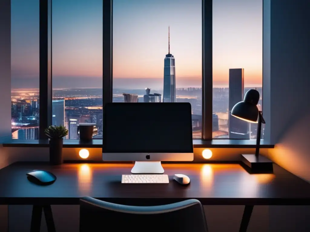 Espacio de trabajo minimalista y organizado Espacio de trabajo minimalista con escritorio de madera oscura y vista urbana: deducciones fiscales para freelancers