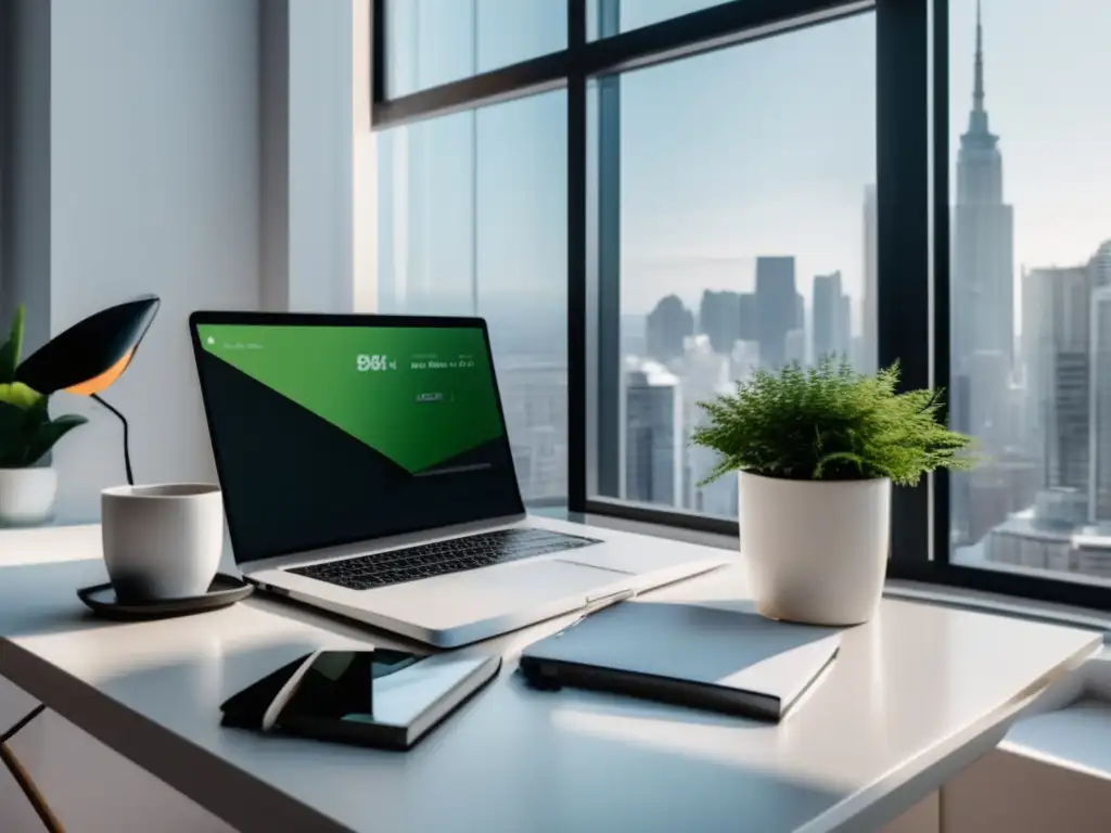 Espacio de trabajo minimalista y organizado para freelancer Espacio de trabajo minimalista de un freelancer con escritorio blanco, laptop, planta, y cálculos financieros