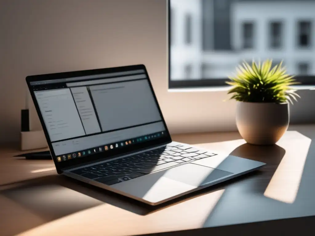 Espacio de trabajo minimalista para freelancer Espacio de trabajo minimalista para freelancer con laptop, cuaderno y lápiz en un escritorio organizado y bien iluminado