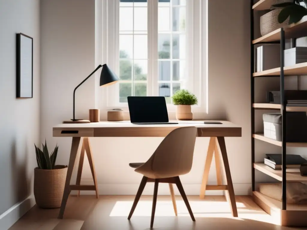 Espacio de trabajo minimalista y productivo Espacio de trabajo minimalista con escritorio de madera clara y silla ergonómica, herramientas de un freelancer