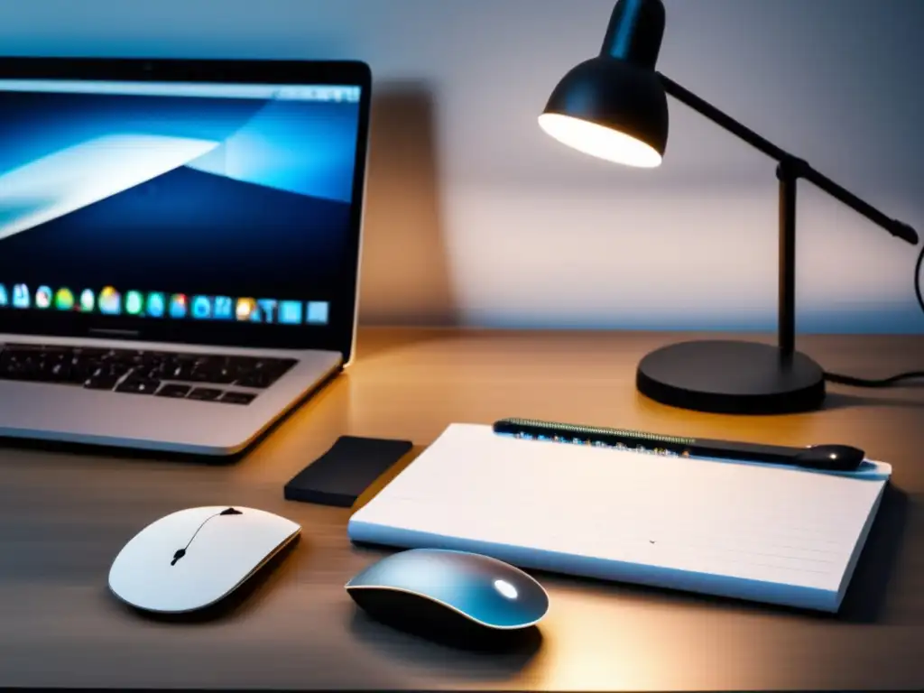 Espacio de trabajo minimalista Espacio de trabajo minimalista para freelancers con laptop, teclado y mouse inalámbricos, lámpara moderna y organización