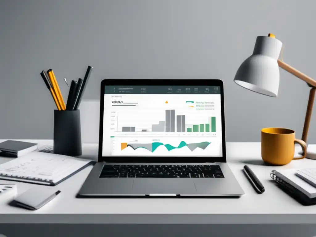 Espacio de trabajo minimalista para freelancers Espacio de trabajo minimalista para freelancers: escritorio blanco con laptop, notas y vista a la ciudad