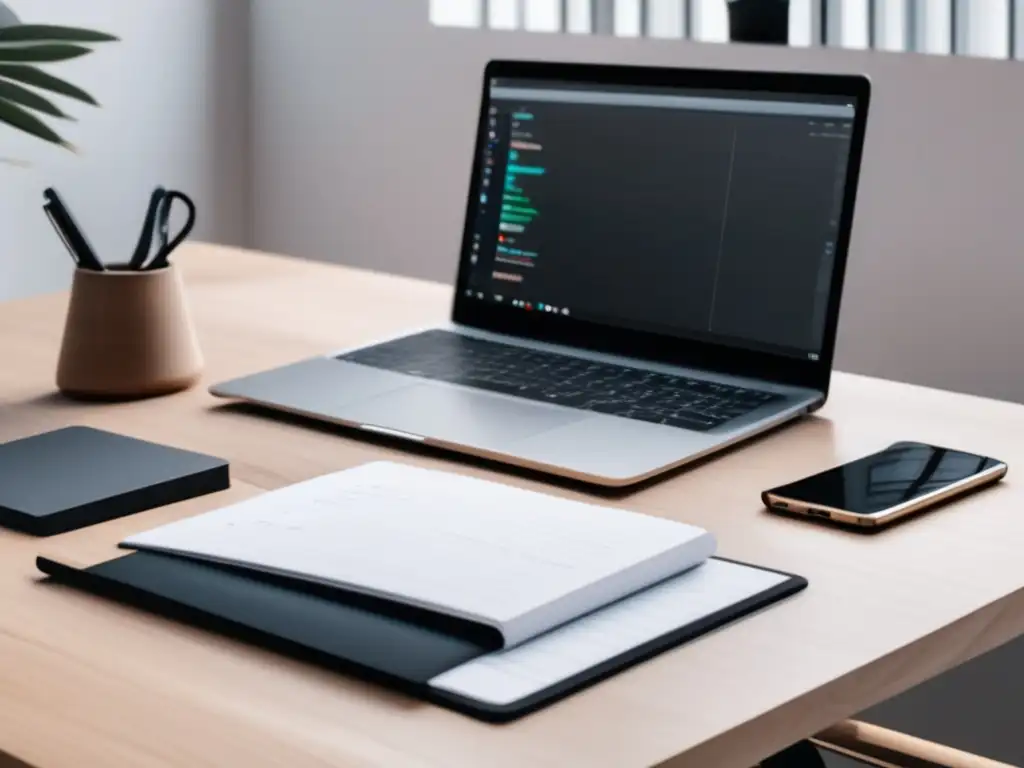 Espacio de trabajo minimalista para freelancers Un espacio de trabajo minimalista para freelancers, con un elegante escritorio de madera y acabado mate
