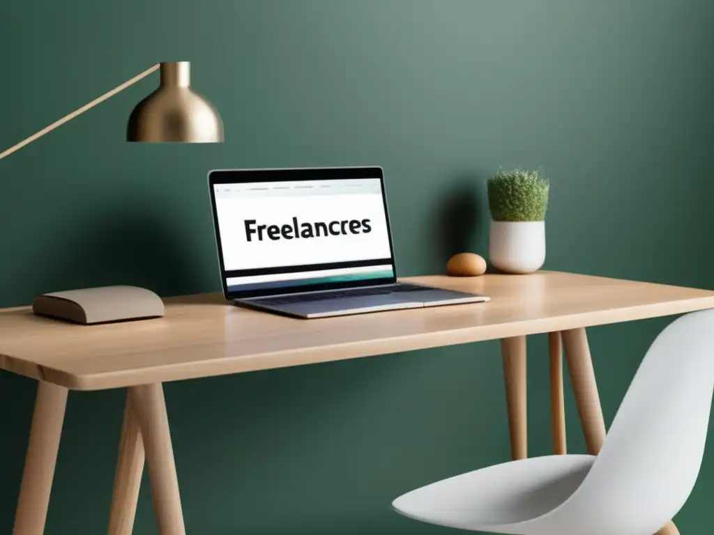 Espacio de trabajo minimalista para freelancers Espacio de trabajo minimalista con escritorio de madera natural y laptop mostrando logo Wave