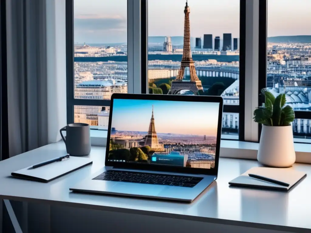 Espacio de trabajo minimalista para freelancers en Europa Espacio de trabajo minimalista para freelancers en Europa, con vista a la ciudad y planificación financiera