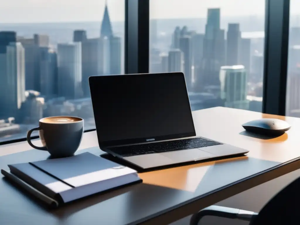 Espacio de trabajo minimalista y organizado Espacio de trabajo minimalista con vista a la ciudad, laptop, café y elementos para deducciones fiscales