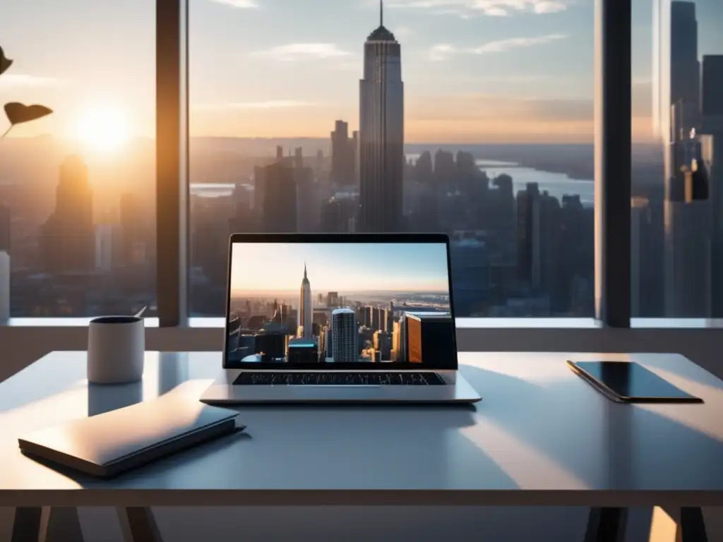 Espacio de trabajo organizado y productivo Espacio de trabajo minimalista con vista a la ciudad - Deducciones fiscales para freelancers